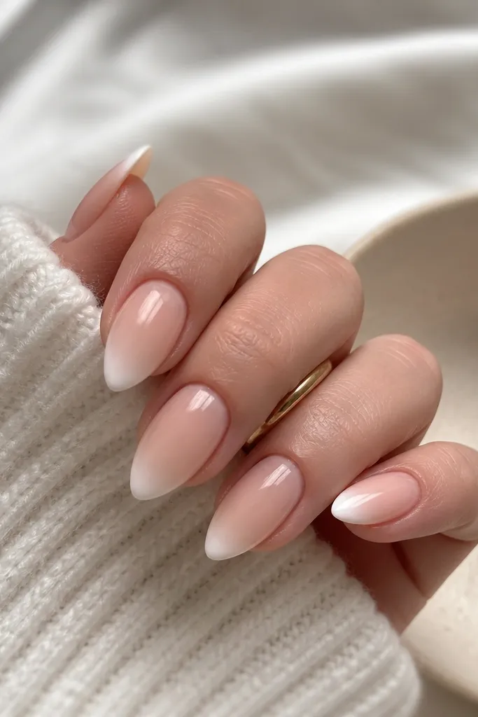 Short stiletto nails with a nude base. The french tip looks like an ombre: white is strongest at the free edge, fading to almost clear right at the smile line. The fade is smooth with no hard line.