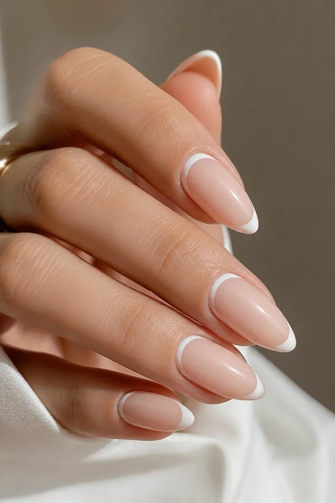 Short stiletto nails with a nude base. Instead of a standard smile, the french line is split: a thin half-moon arc sits near the cuticle, and a smaller white tip is painted at the free edge. The two white areas don't touch.