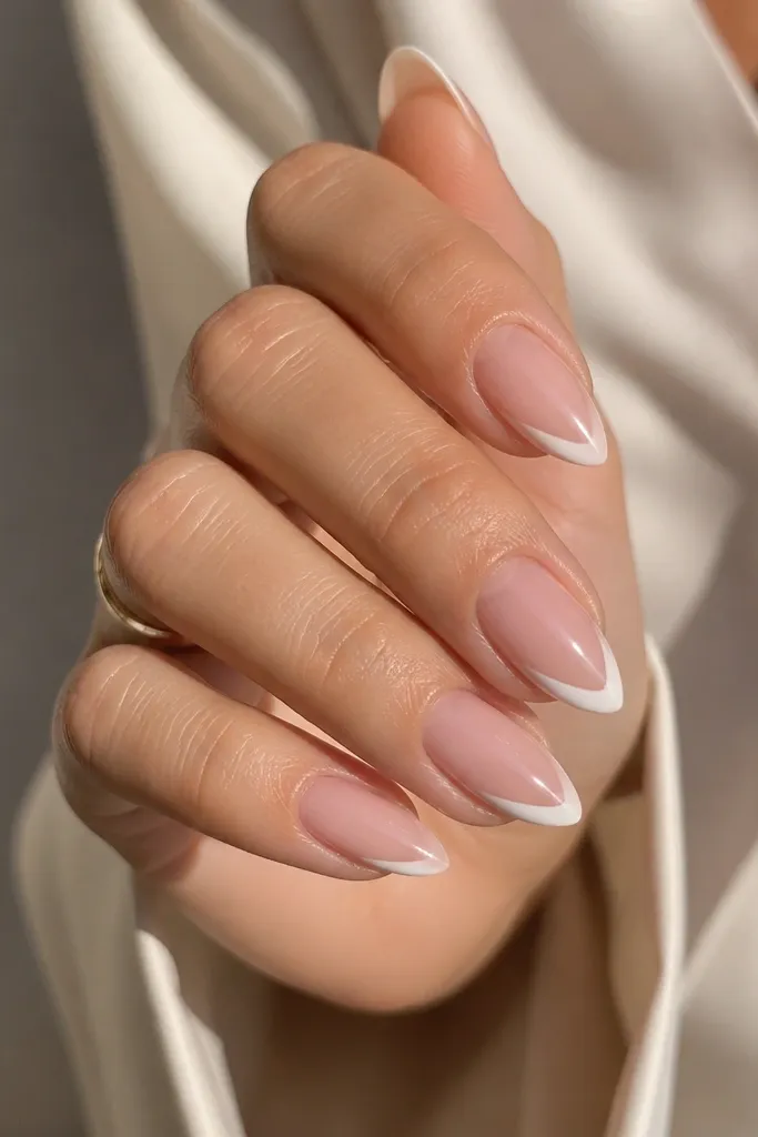 Short stiletto nails with a sheer nude base. White polish appears only on the left and right sides near the free edge, leaving the center of the tip clear. The sides form a subtle V shape toward the point.