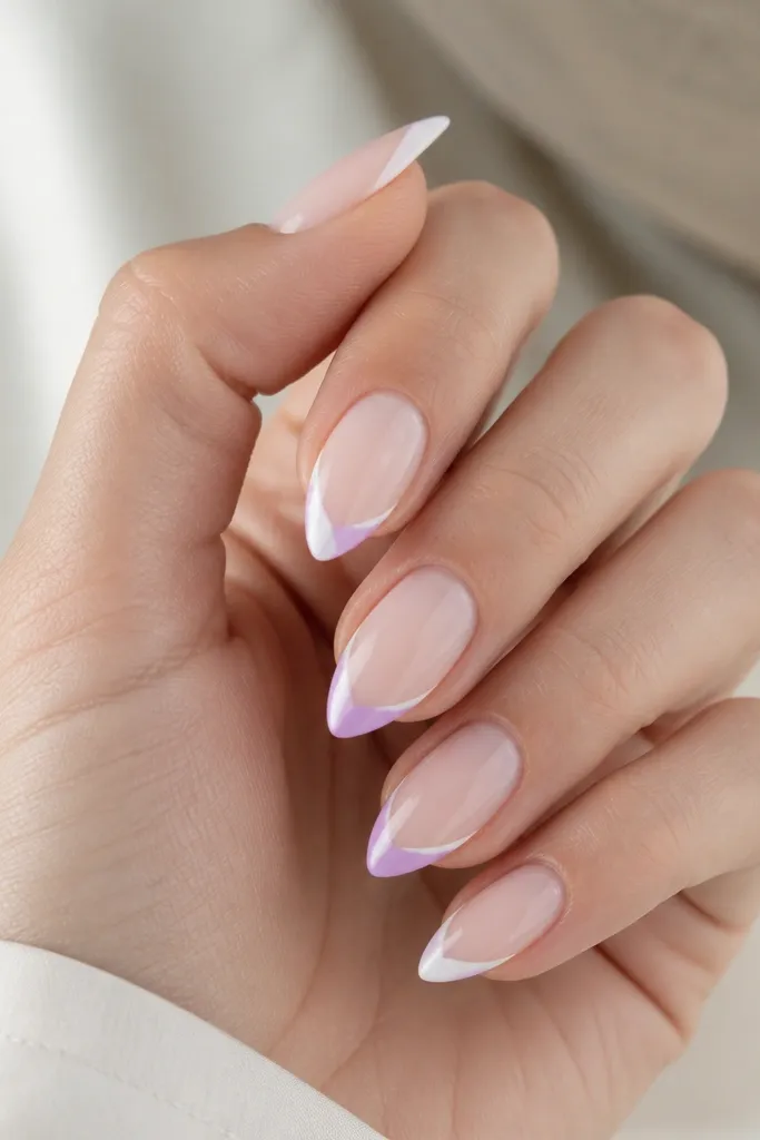 Short stiletto nails with a milky nude base. The french tip has a split color: the outer half is white and the inner half near the smile is pale lavender. The split follows the smile curve and tapers to a point.