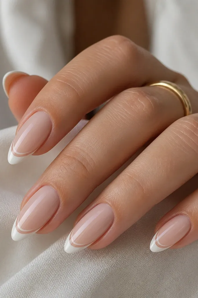 Short stiletto nails with a sheer nude base. The french tips are white, but there's a thin nude rim line right above the smile curve, leaving a narrow gap between base and white.