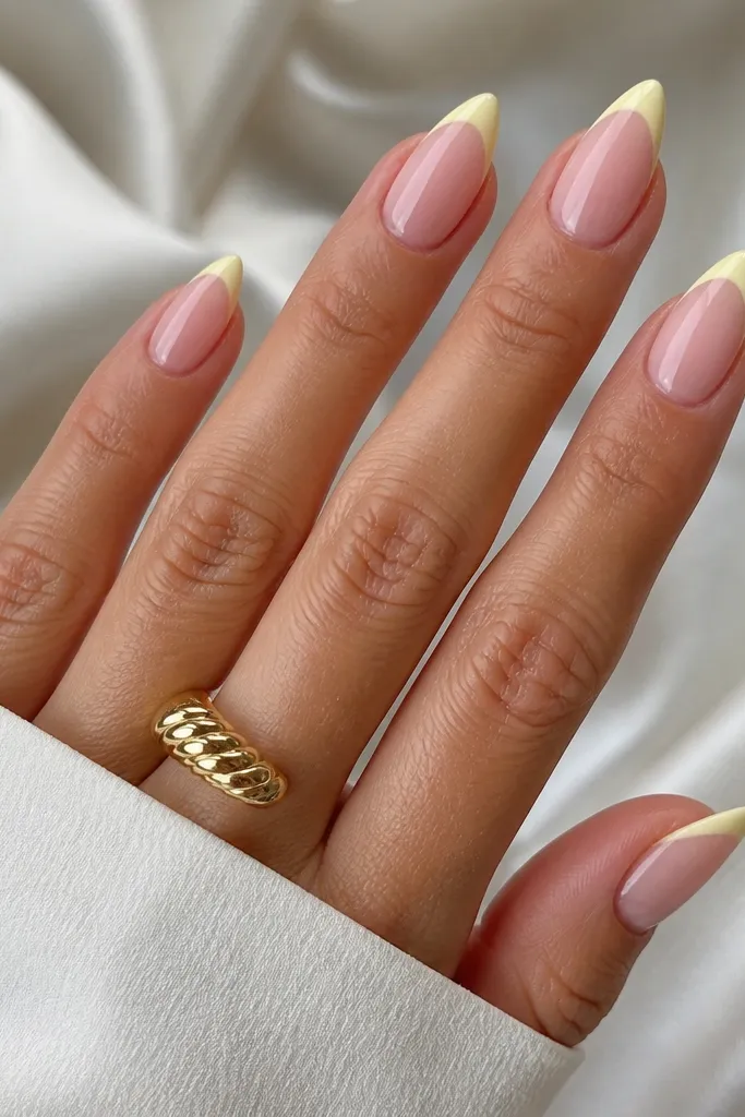 Short stiletto nails with a sheer pink base. The french tips are a soft pastel lemon yellow with a tapered smile. The yellow is opaque and smooth, not streaky.