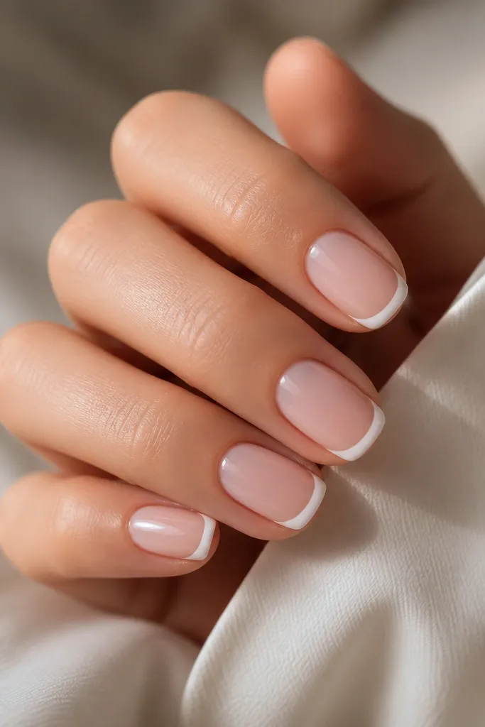 Five short squoval nails with a thin French line. The base is sheer nude, and the tips are creamy white with a smooth arc, glossy finish, no other art.
