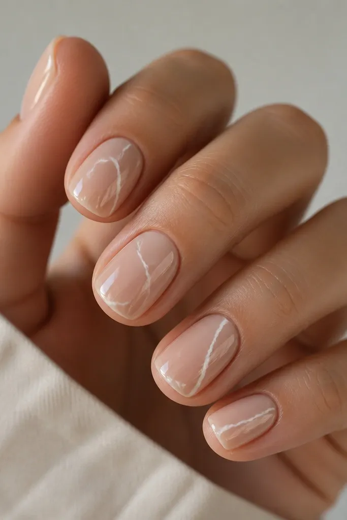 Short squoval nails with a sheer nude base. Each nail has 1-2 thin white marble veins running diagonally, with glossy finish and no heavy background.