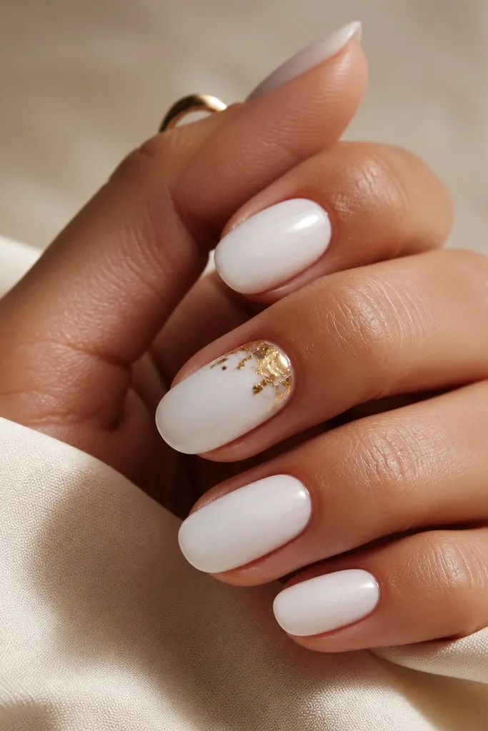 Short oval nails fully covered in glossy white. Two accent nails have small gold foil pieces clustered at the cuticle with a clean boundary; the other nails are solid white.