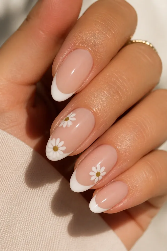 Short squoval nails. Base is nude with subtle white micro tips. Each accent nail has a tiny white daisy with yellow center near the cuticle, glossy finish.