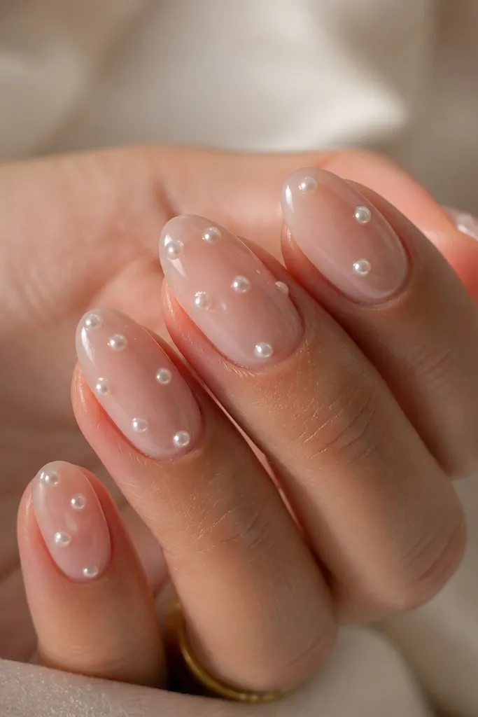 Short almond nails with sheer nude base. White pearl-like dots sit in a diagonal line from mid-nail to tip on each nail, glossy finish, no other art.
