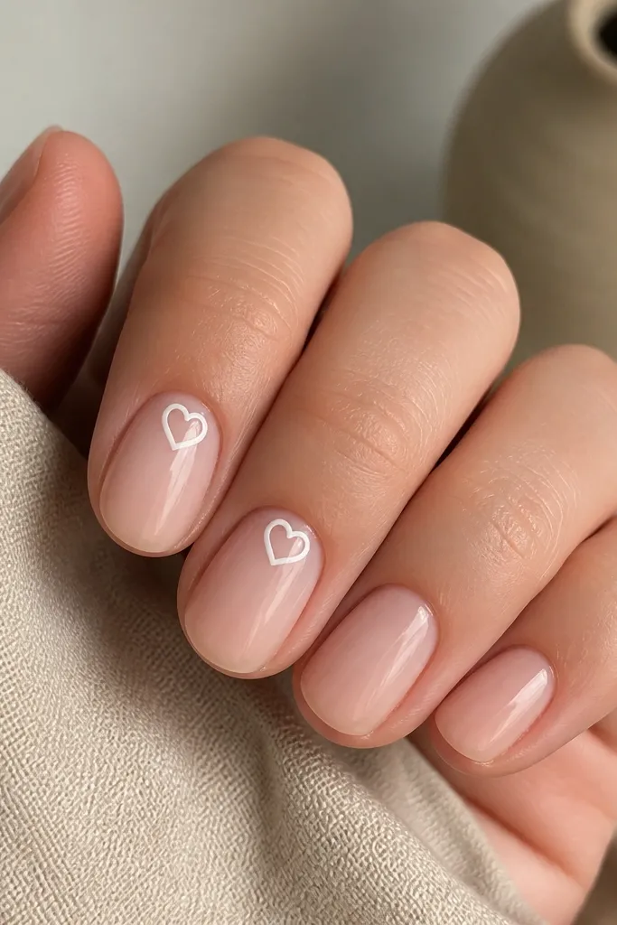 Short oval nails in sheer nude. White outline hearts sit right above the cuticle on two nails, and the hearts are empty inside, glossy finish.