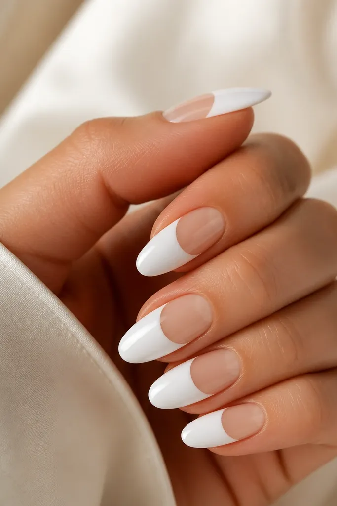 Short squoval nails with solid opaque white main area. At the very tip there's a nude window shaped like a French arc, glossy finish.