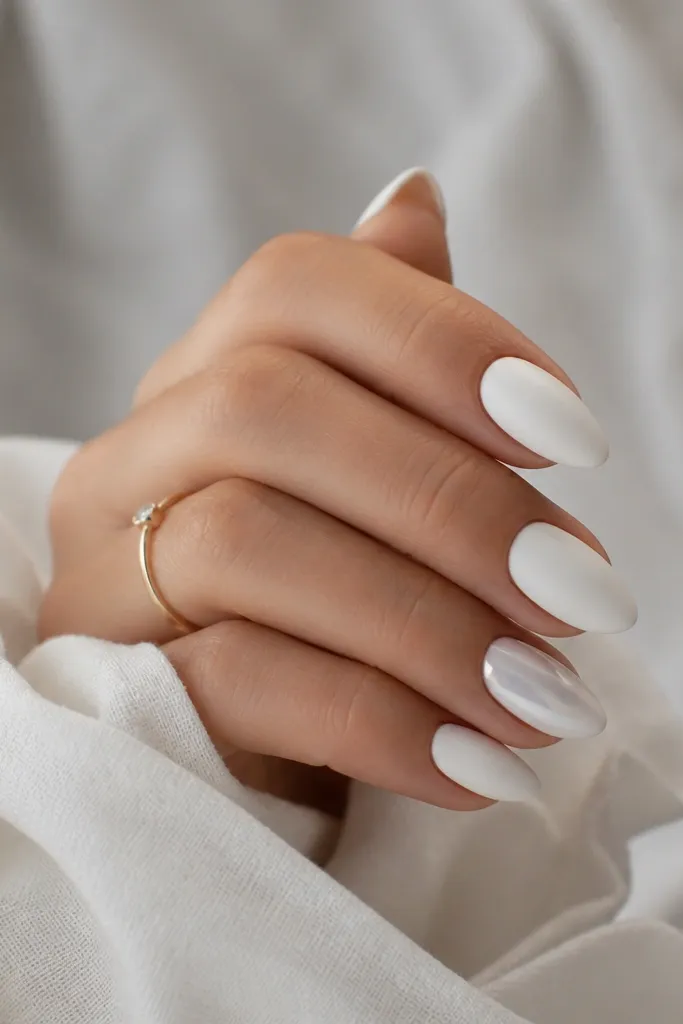Short almond nails. Most nails are matte white. One accent nail is glossy white with subtle chrome shine, reflecting light; the rest are matte.