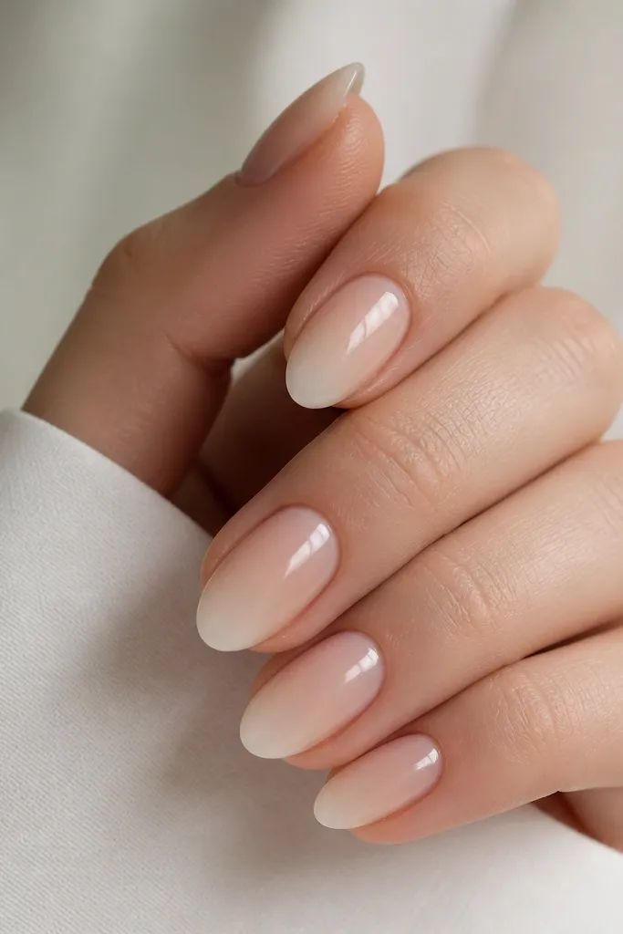 Short almond nails with nude base. The top half fades into milky white, with a smooth ombre and glossy finish. No other art.