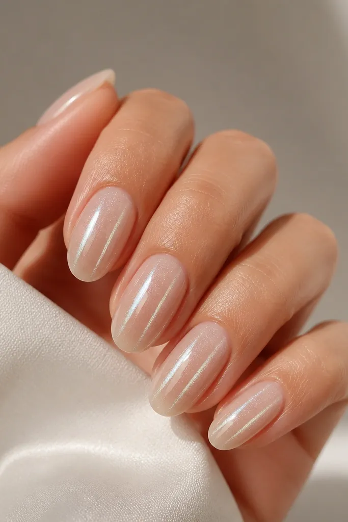 Short almond nails with a clear or sheer base. White cat-eye shimmer creates a light streak in the center on each nail, glossy finish.