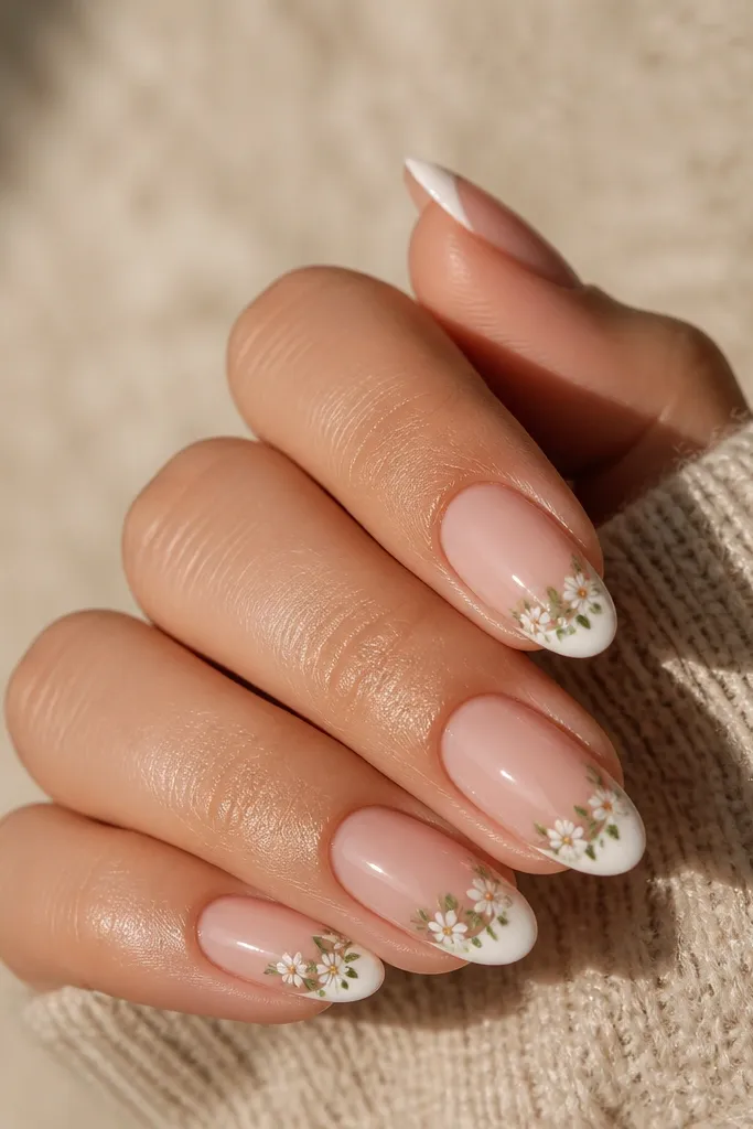 Short squoval nails with sheer nude base and white French tips. On two nails, the French tip has a tiny white flower cluster and small green leaves along the smile line; glossy finish.