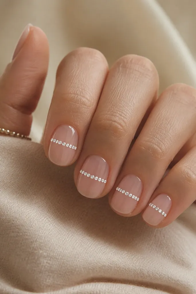 Short oval nails in sheer nude with opaque white base on top? Actually: sheer nude base with a single straight line of small white rhinestones across the middle of each nail, glossy finish.