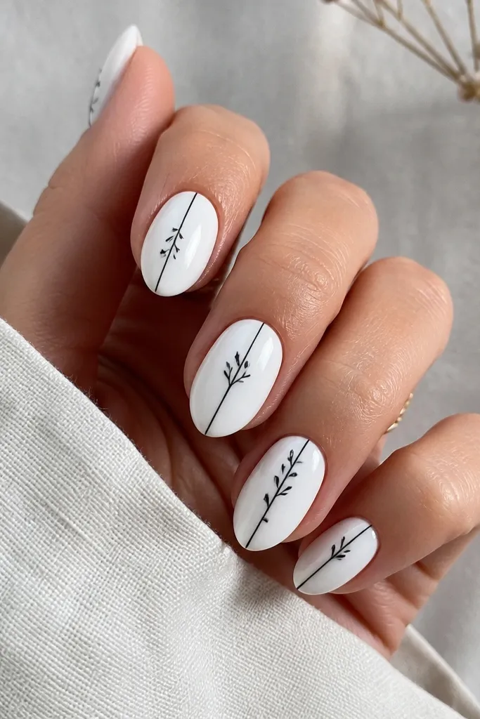 Short almond nails completely white and glossy. Each nail has one thin black vertical stem line with tiny offshoots, like minimal botanical line art.