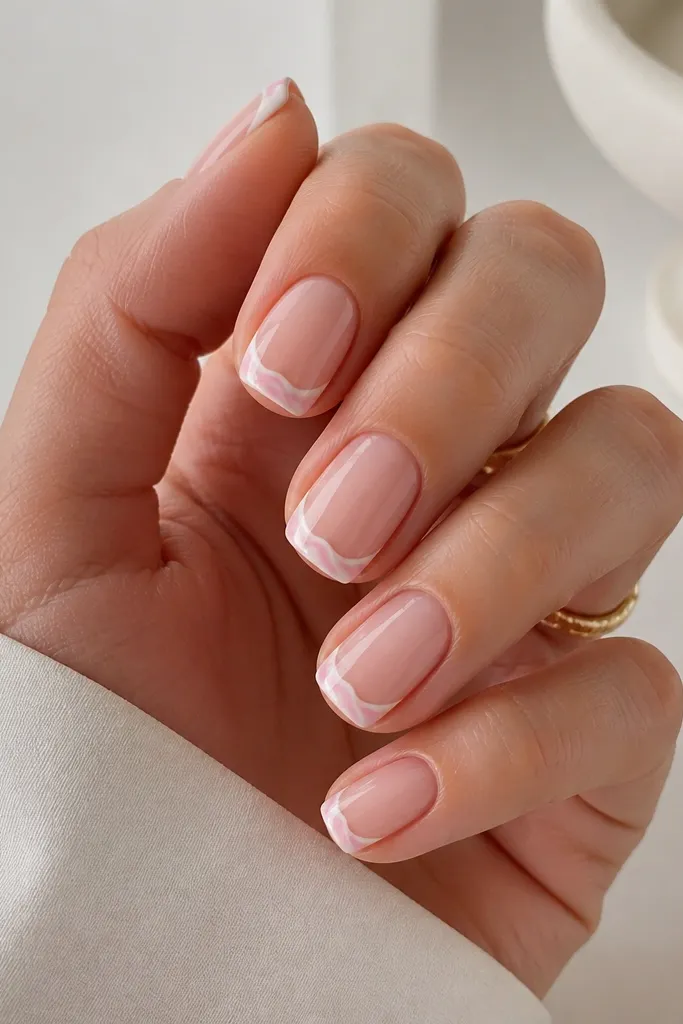 Short squoval nails with nude base. The tips are white, and each tip has a soft blush swirl through the white, glossy finish.
