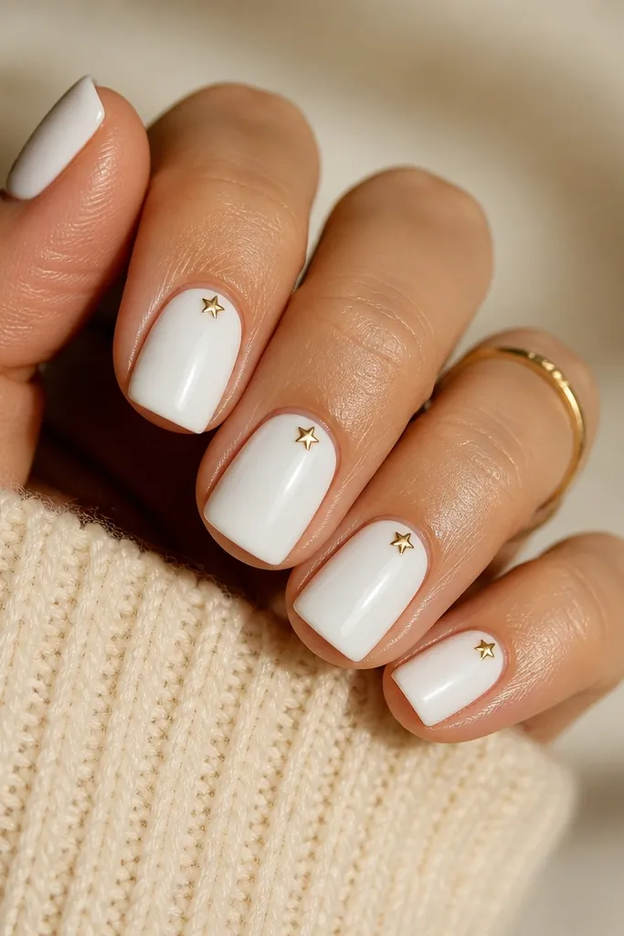 Short oval nails in sheer nude with opaque white accent at the cuticle area. Near the cuticle on each nail are tiny white stars, glossy finish.