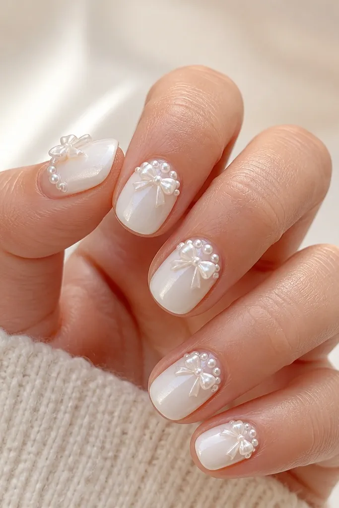 Short almond nails with sheer nude base. A white half-moon sits at the cuticle, and a tiny pearl bow sits centered inside the half-moon; glossy finish.