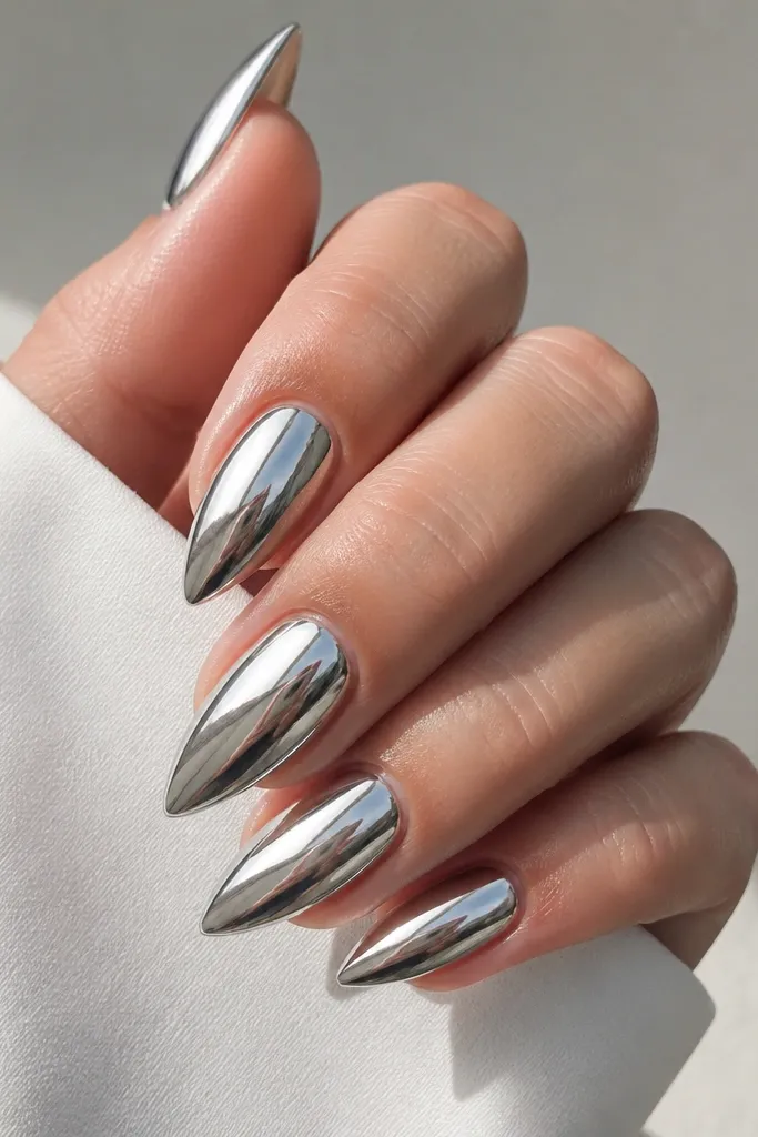 Short stiletto nails with a sheer pink base. The nails are coated in mirror-like silver chrome, with sharp stiletto taper and a high-shine reflective finish.