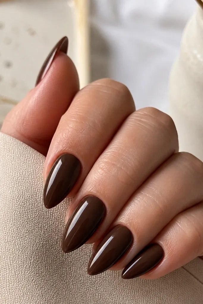 Short stiletto nails painted in deep chocolate brown with a smooth, glossy finish. The color is opaque and even, with crisp edges along the taper.