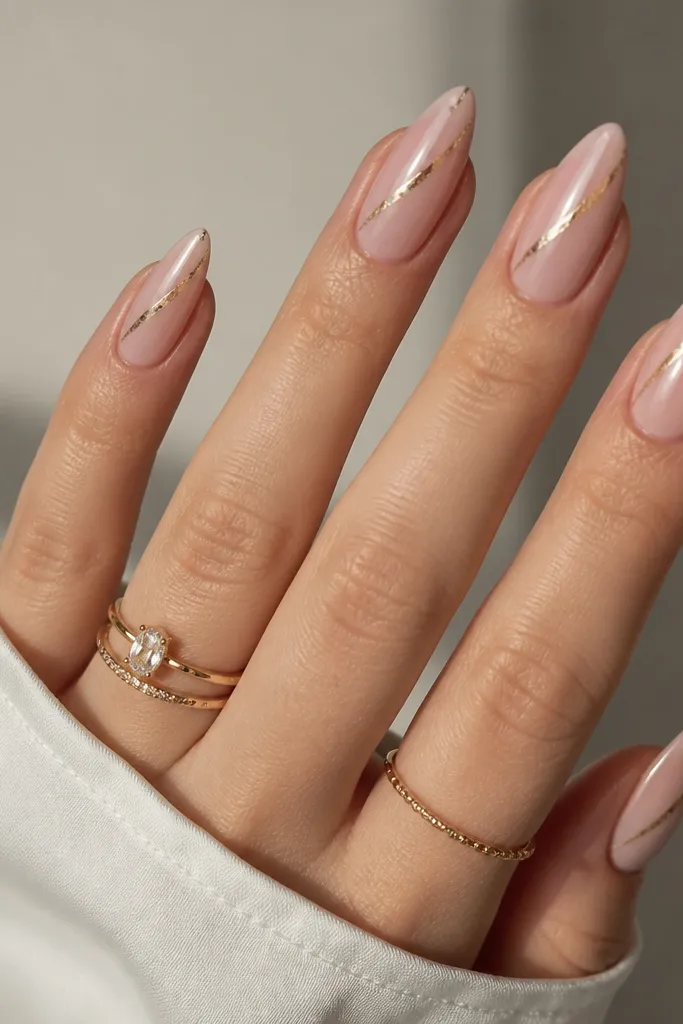 Short stiletto nails in a blush nude. Each nail has a diagonal line of metallic foil running from lower left near the cuticle to upper right toward the tip, glossy and crisp.