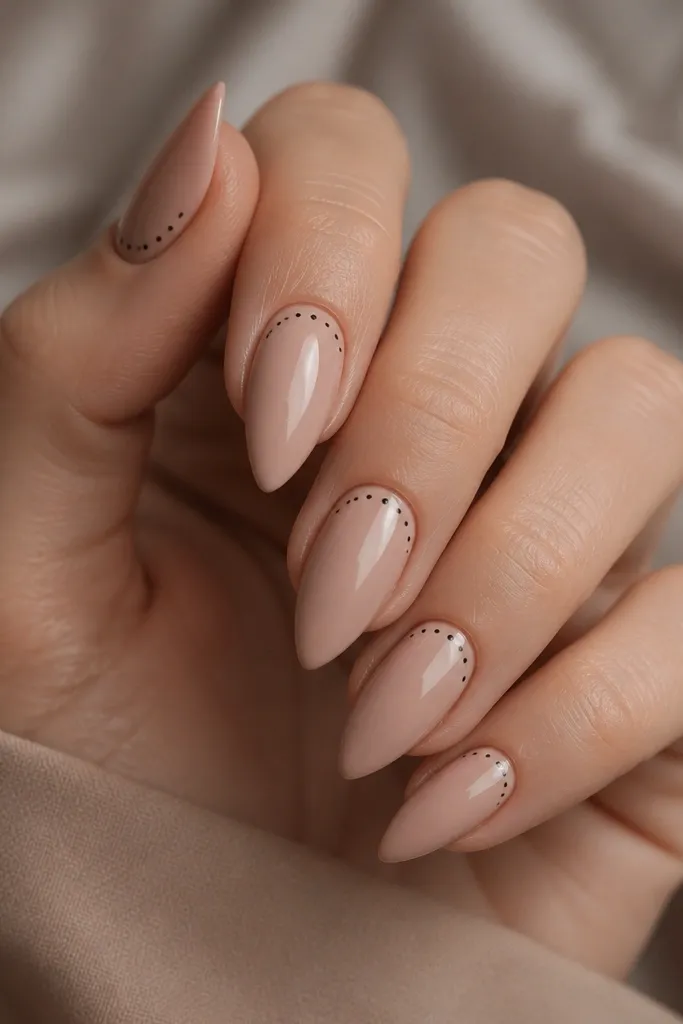 Short stiletto nails with a nude beige base. Around the cuticle area, there's a thin halo line made of tiny black dots, then the rest of the nail is plain glossy nude.