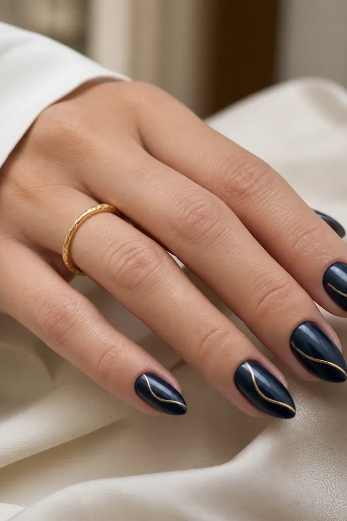 Short stiletto nails painted navy blue. Each nail has a single thin gold line drawn diagonally or in a gentle curve from mid-nail toward the tip, glossy and neat.