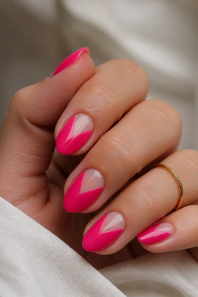 Short stiletto nails with hot pink polish. A negative-space V shape near the center of the nail leaves the base nude showing through, with crisp edges and a glossy finish.