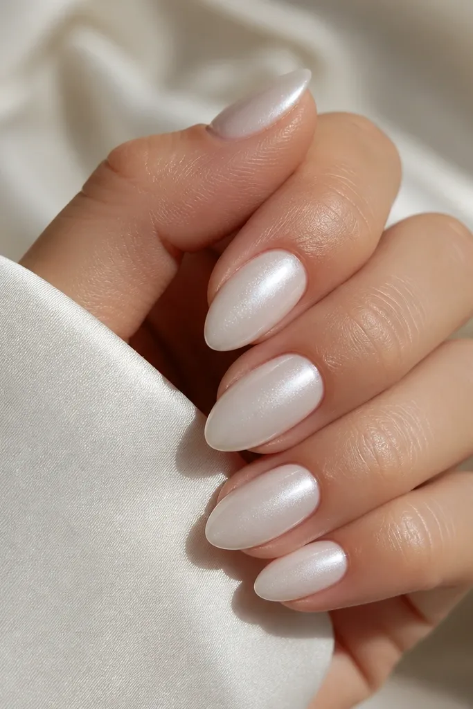 Short stiletto nails painted milky white with a pearl sheen. The surface looks smooth and glossy, with tiny shimmer particles catching light.