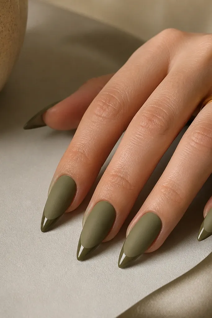 Short stiletto nails painted olive green in a matte finish. The very tips are capped with glossy olive, forming a clean shiny edge at the point.