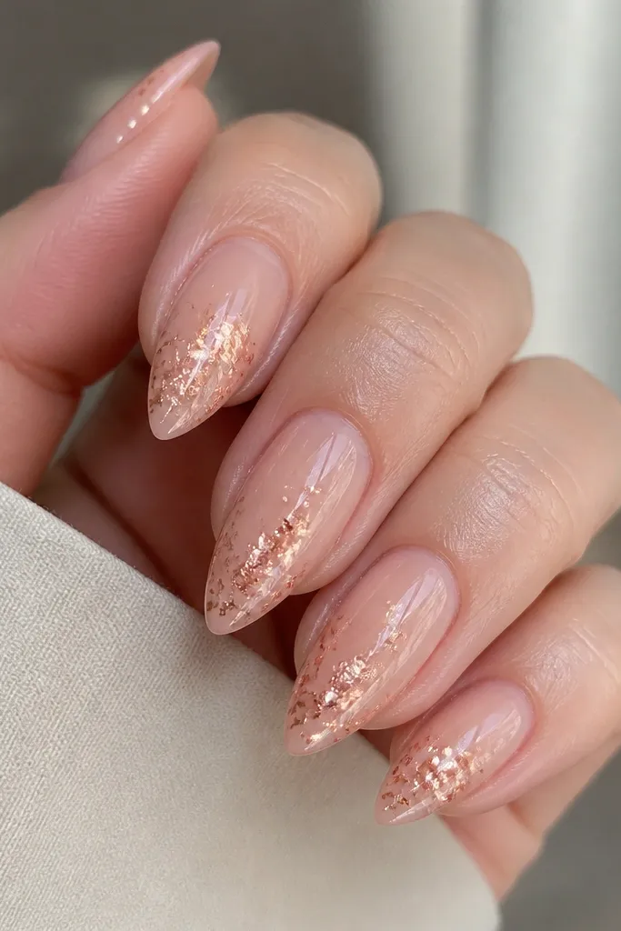 Short stiletto nails in a nude pink base. Rose gold foil flakes are scattered mostly toward the tips, with glossy top coat and visible metallic sparkle.