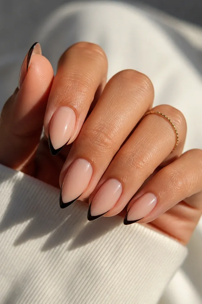 Short stiletto nails with a sheer nude base. A crisp black French tip forms a thin border at the edge, with a glossy finish and sharp stiletto outline.