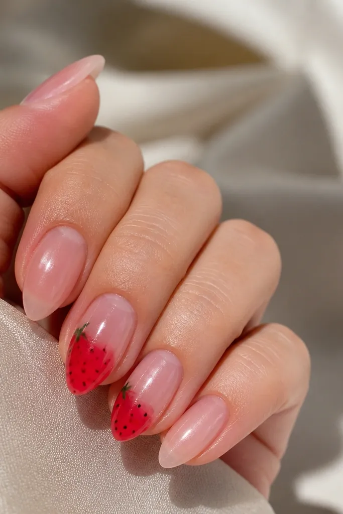 Short stiletto nails with a clear jelly base. Red strawberry shapes and tiny black seeds appear near the tips on two accent nails, with glossy shine.