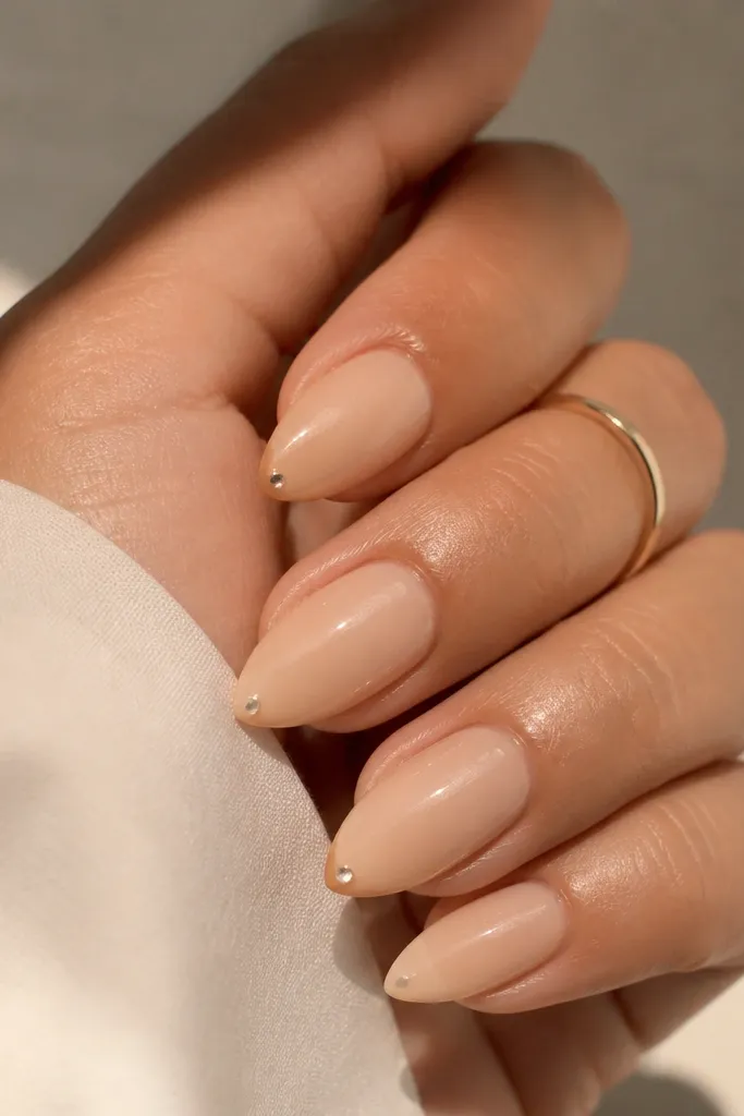 Short stiletto nails painted champagne nude. One tiny single rhinestone sits right at the tip edge on each nail or on two nails, with a glossy top coat around it.