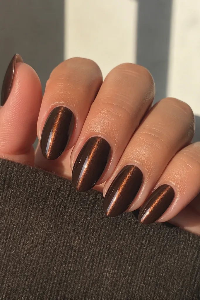 A set of medium almond nails painted deep espresso brown with a single bright cat-eye streak perfectly centered on each nail, glossy top coat catching light.