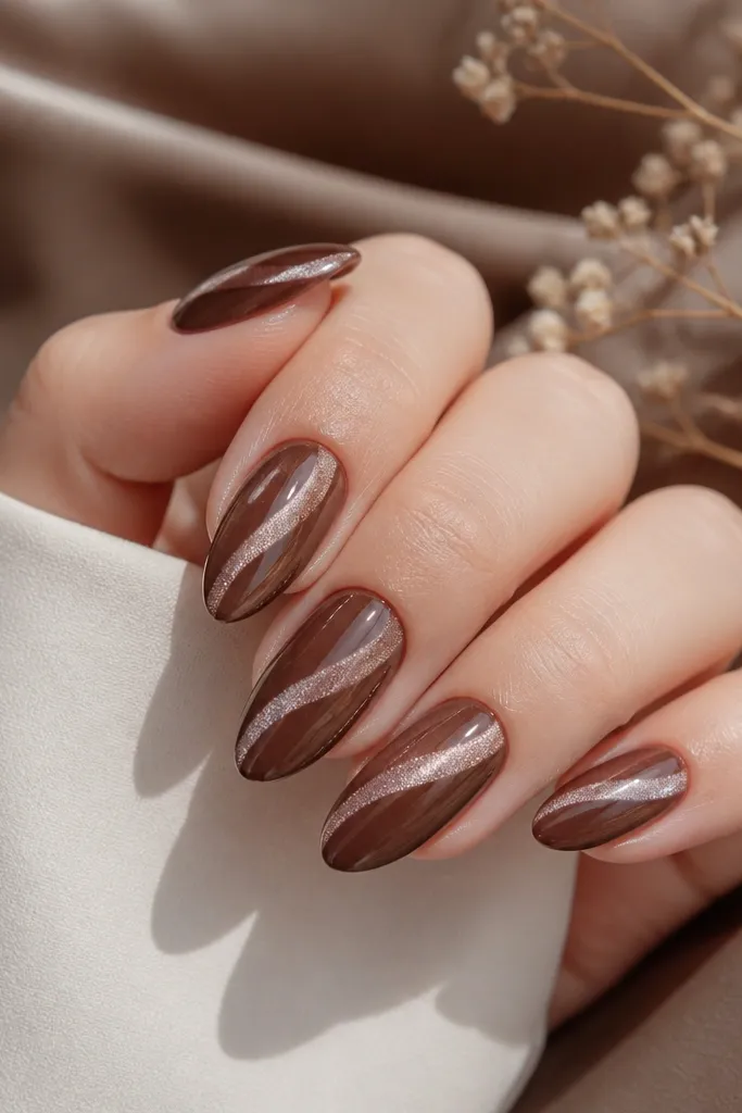 Brown cat eye nails with a cooler cocoa base and a silver-toned magnetic line; the nails have a high-gloss mirror-like shine and crisp stripe edges.