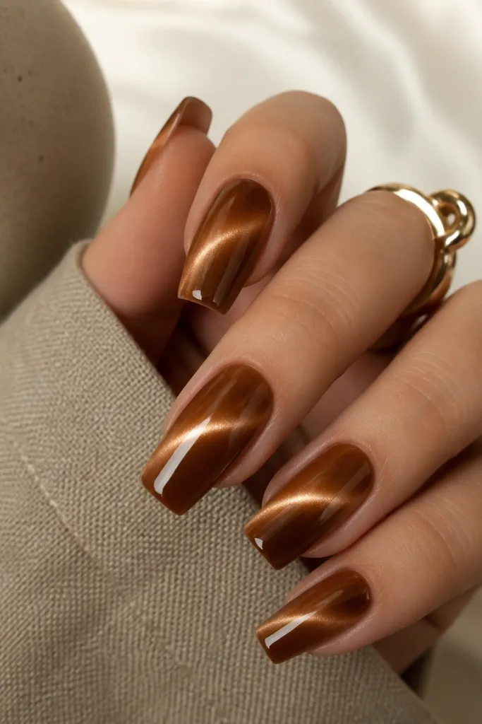 Long square nails painted dark caramel-brown with the cat-eye streak pulled diagonally toward the side, creating a slanted glowing line on each nail.