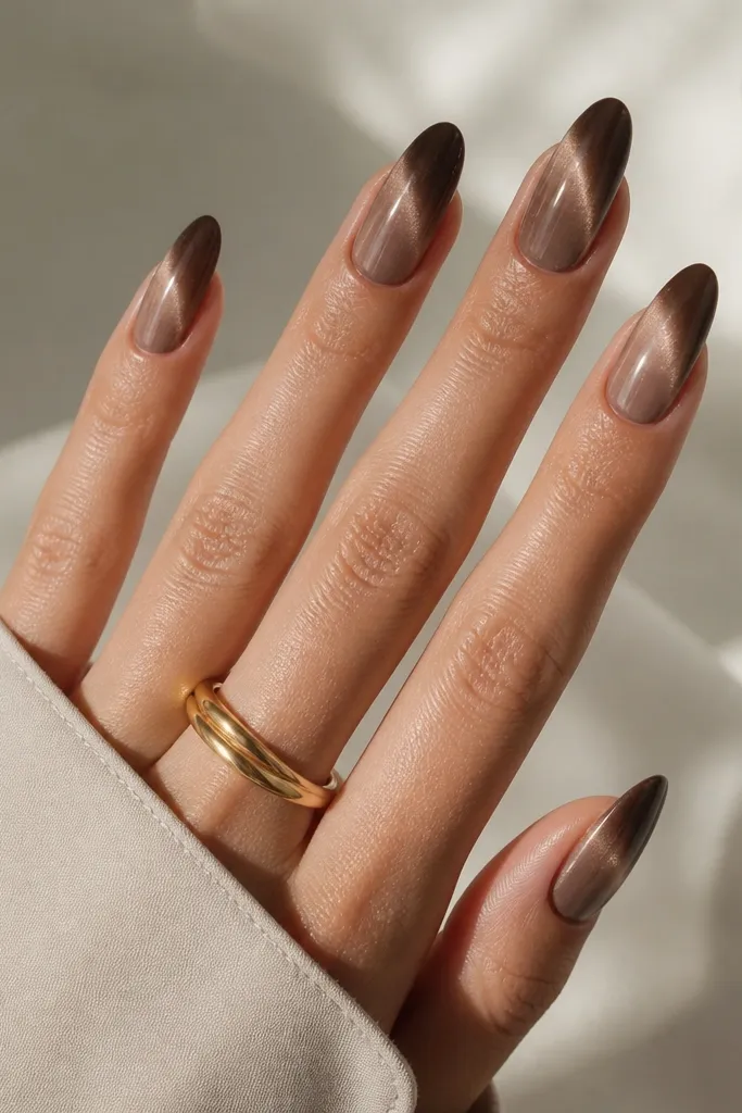 Ombré nails with a darker mocha brown near the tips fading into a lighter milk-chocolate base; each nail still shows a cat-eye streak running through the gradient.