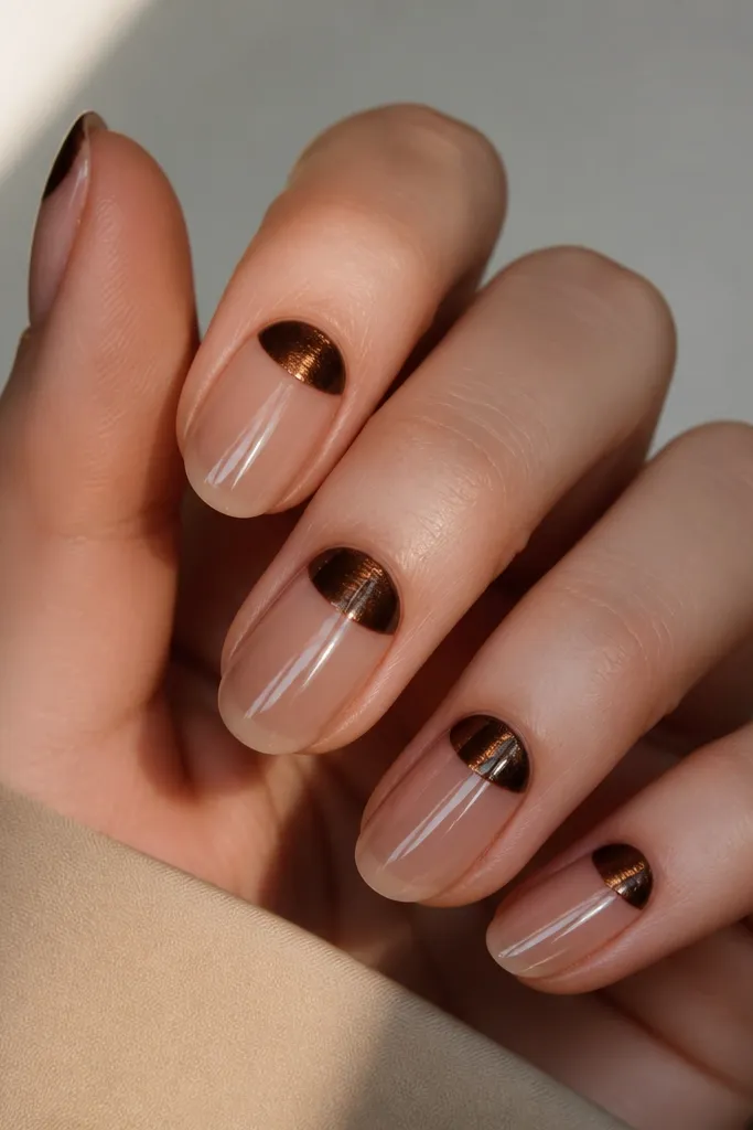 Short-to-medium rounded nails with a nude warm base; only the half-moon near the cuticle is painted in dark chocolate cat eye with a glowing line, rest is clear glossy nude.
