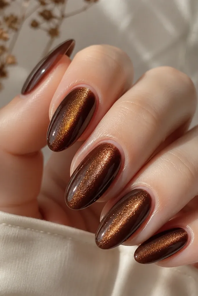 Brown cat eye nails with a central glowing magnetic streak and a fine caramel-gold glitter dust concentrated around the stripe, all on a glossy base.
