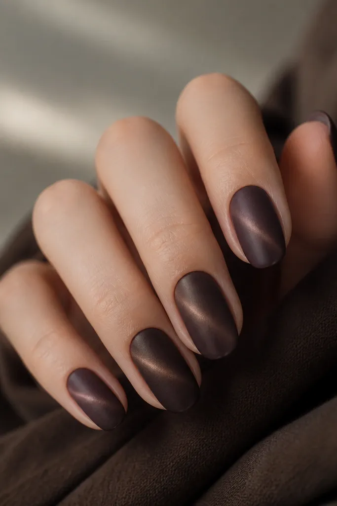 Deep cocoa brown nails with a soft matte finish; the cat-eye streak is still visible as a subtle glowing line across each nail.