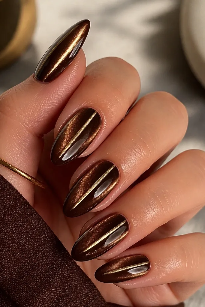 Chocolate brown cat eye nails with a single thin gold chrome line running parallel to the magnetic streak, both centered on each nail.
