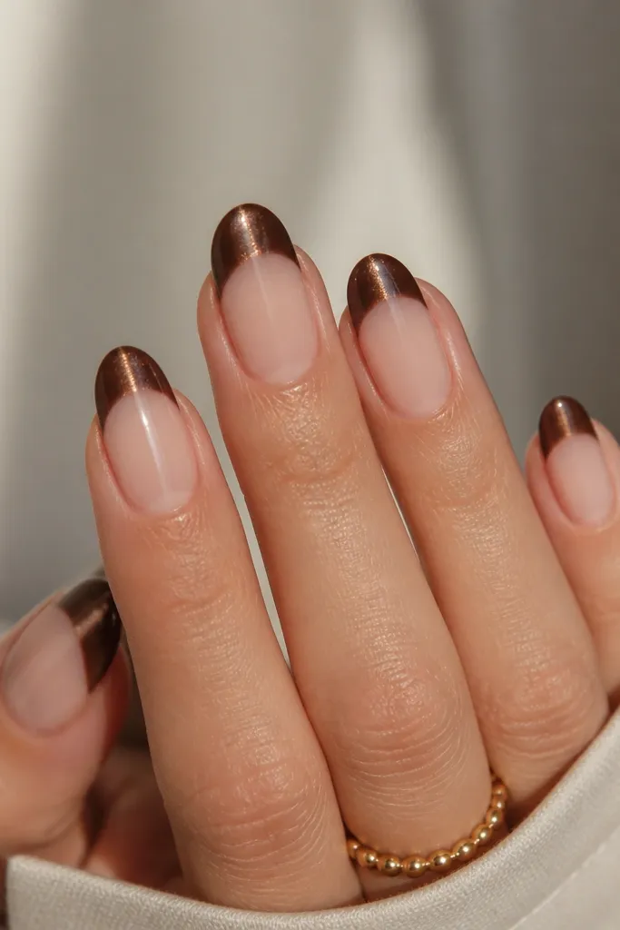 Nails with a nude base and dark chocolate cat eye French tips; each tip has a bright cat-eye streak pointing straight down the center of the tip area.