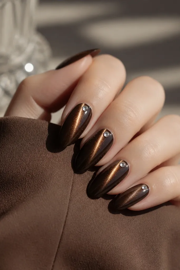 Chocolate cat eye nails with a small single rhinestone placed near the cuticle center on each nail; the cat-eye streak runs through it visually.