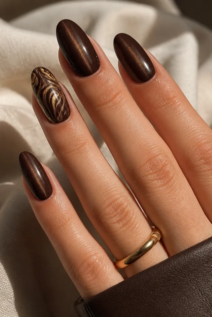 Most nails are solid espresso cat eye with centered streaks; the ring finger has caramel swirl linework in gold over a dark brown cat eye base.