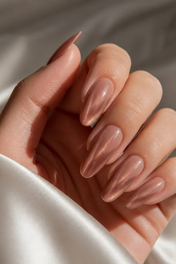 Long nails with a sheer rose nude layer on top; a brown cat eye streak is visible beneath, creating a soft glow effect.