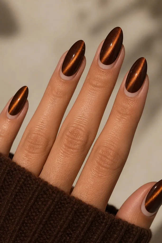 Deep chocolate cat eye nails with a thin nude crescent around the cuticle, framing the glowing center stripe.