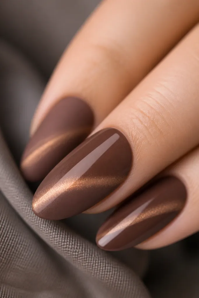 Half the nail surface is matte cocoa brown cat eye; the other half has a glossy finish, with the magnetic streak visible across both.