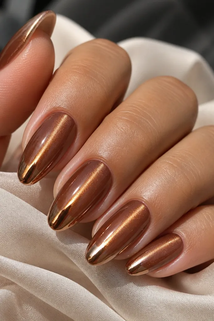 Warm caramel brown nails with a center cat eye streak; the tips have a bronze chrome reflective finish like a foil ombré.