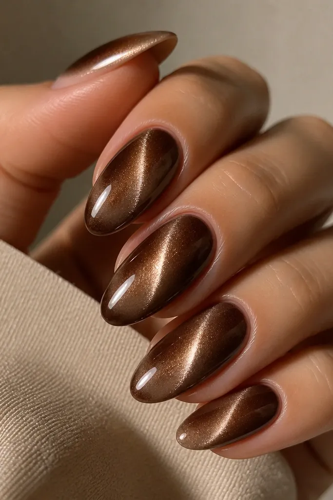 Brown cat eye nails where the base looks taupe-pearl under the chocolate magnetic stripe; the line glows softly with a pearl sheen.